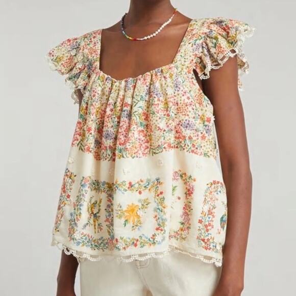 Farm Rio Delicate Forest Scarves Square Neck Embroidered Blouse Cream XS - Picture 1 of 12